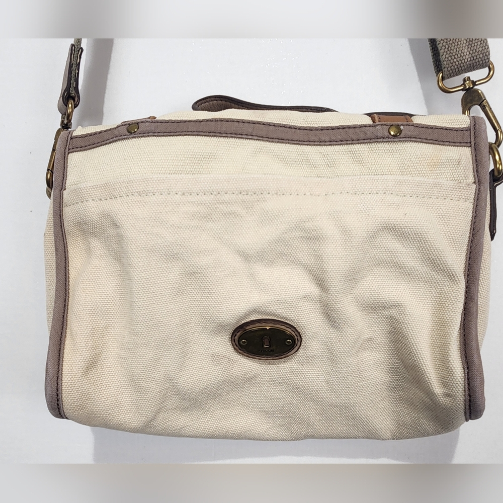 Fossil Vintage Canvas & Leather Crossbody Purse Beige - Picture 7 of 9